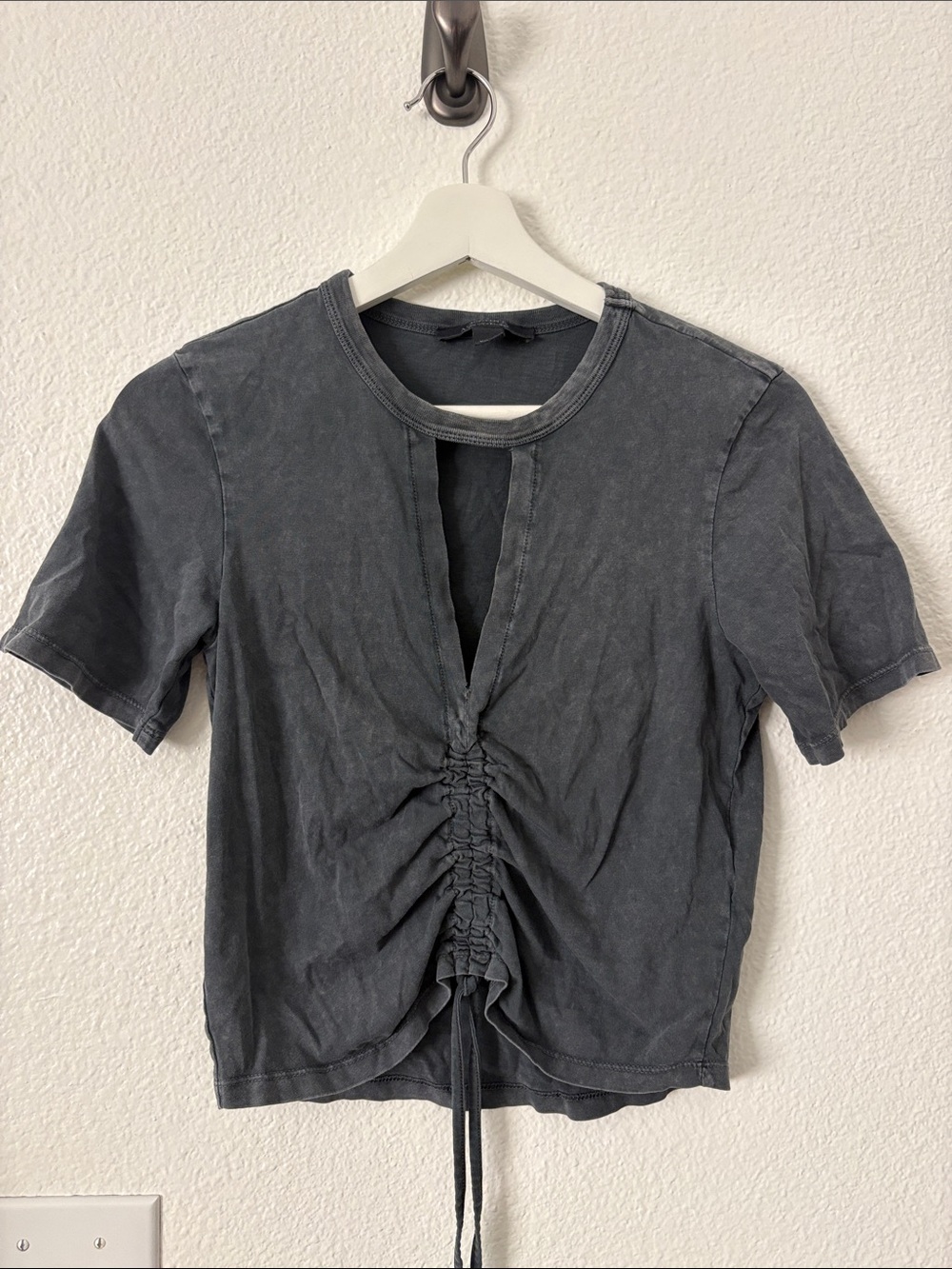 All Saints Washed Black Ruched Front Short Sleeve Gigi Top